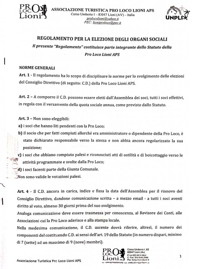 Regolamento Per L'elezione Degli Organi Sociali - Pro Loco Lioni